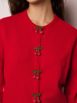 Boutons cerise rouge - Crew Neck Knitted Cardigan With Wool