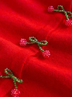 Boutons cerise rouge - Crew Neck Knitted Cardigan With Wool