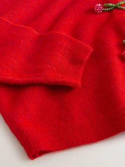 Boutons cerise rouge - Crew Neck Knitted Cardigan With Wool