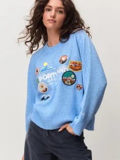 Broderie avec écusson bleu clair - Pull en maille à col rond en laine