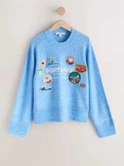 Broderie avec écusson bleu clair - Pull en maille à col rond en laine