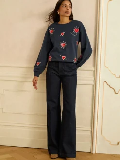 Broderie cœur bleu marine - Sweat Love & Roses en jersey à col ras du cou