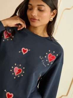 Broderie cœur bleu marine - Sweat Love & Roses en jersey à col ras du cou