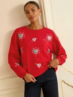 Broderie cœur rouge - Sweat Love & Roses en jersey à col ras du cou