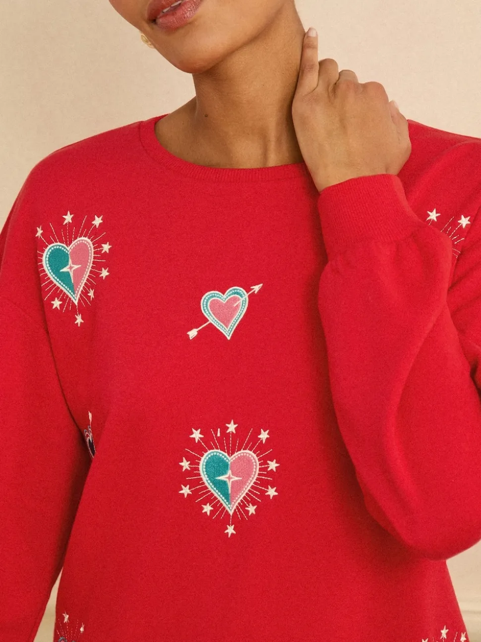 Broderie cœur rouge - Sweat Love & Roses en jersey à col ras du cou