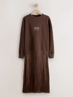 Broderie marron chocolat - Sweat-shirt 2en1 avec jupe mi-longue en satin