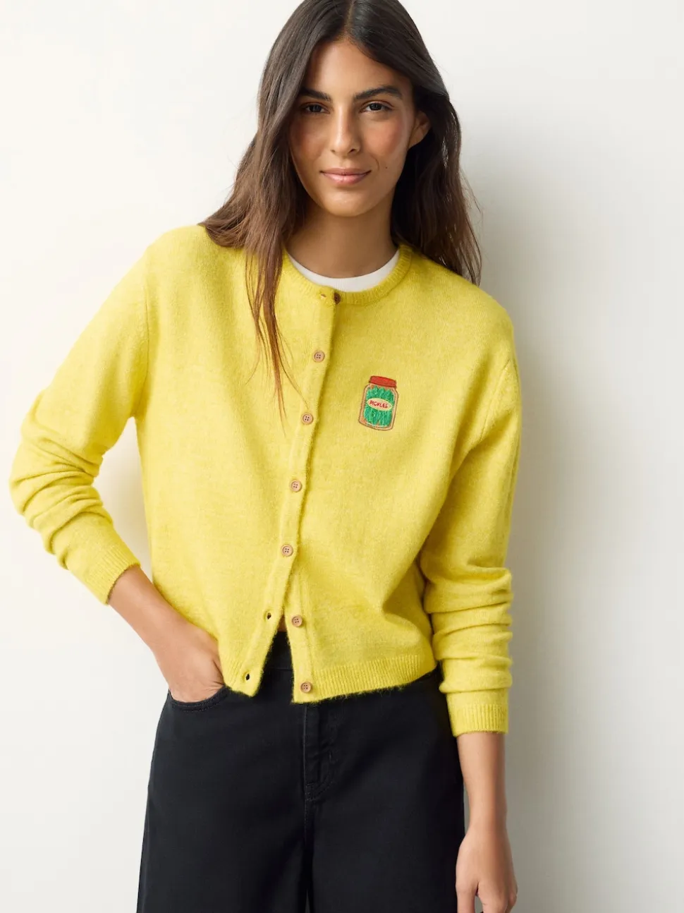 Broderie Pickles jaune - Cardigan tricoté à Col rond en laine