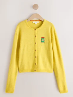Broderie Pickles jaune - Cardigan tricoté à Col rond en laine