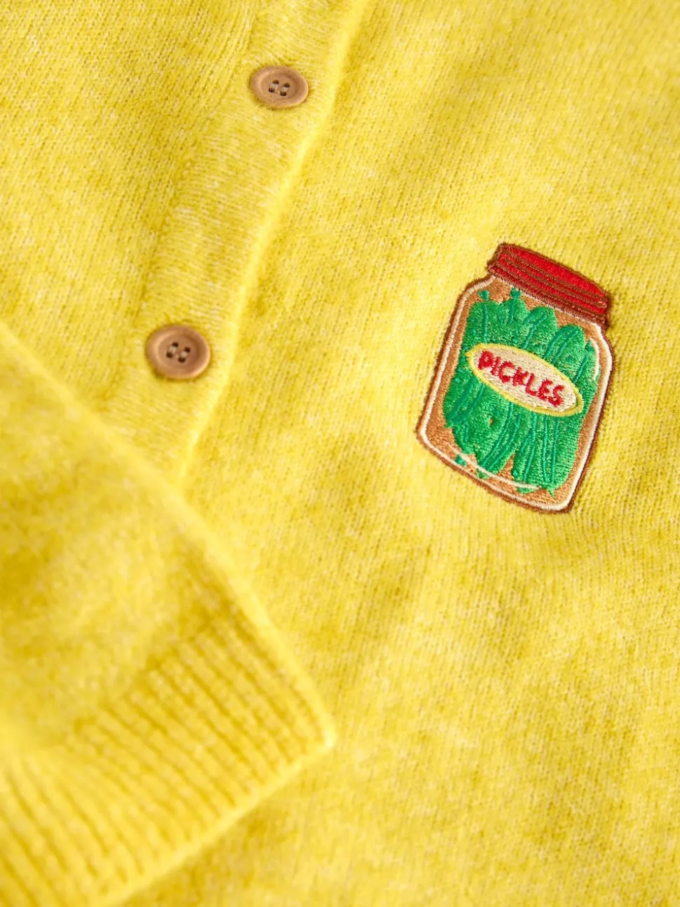 Broderie Pickles jaune - Cardigan tricoté à Col rond en laine