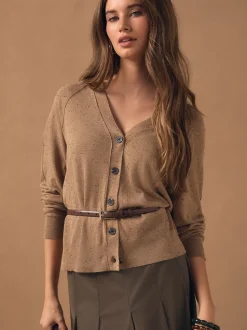 Camel Neppy - Cardigan boutonné en coton doux à col en V