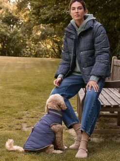 Carreaux bleu marine - Manteau rembourré court avec manches amovibles