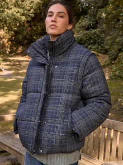 Carreaux bleu marine - Manteau rembourré court avec manches amovibles