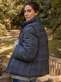 Carreaux bleu marine - Manteau rembourré court avec manches amovibles