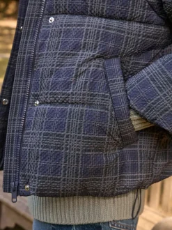 Carreaux bleu marine - Manteau rembourré court avec manches amovibles