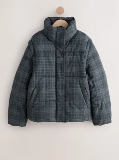 Carreaux bleu marine - Manteau rembourré court avec manches amovibles