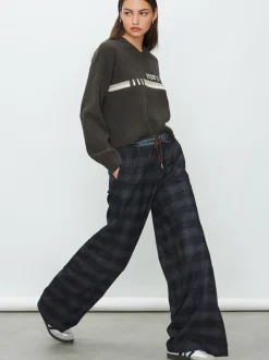 Carreaux bleu marine - Pantalon ample taille en satin