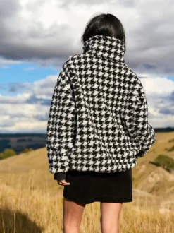 Carreaux noir/blanc à dents de poule - Sweat-shirt en polaire jacquard Teddy Borg à quart de zip