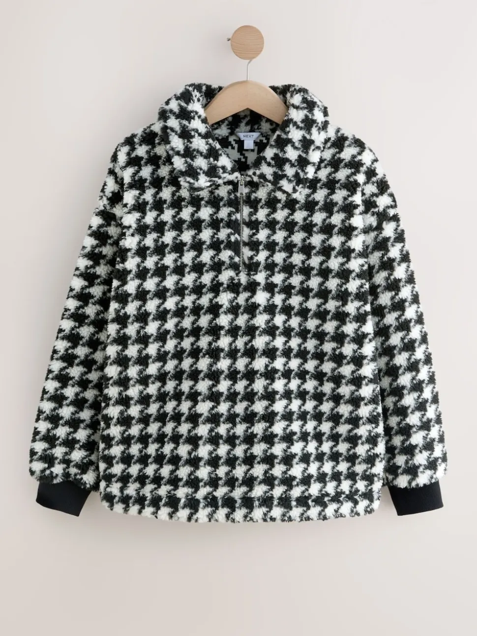 Carreaux noir/blanc à dents de poule - Sweat-shirt en polaire jacquard Teddy Borg à quart de zip