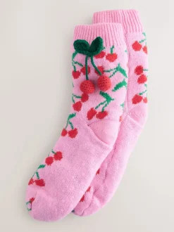 Cerises roses - Lot de 1 chaussettes chaussons épaisses