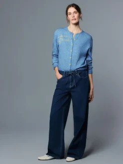 Chambray bleu avec ornements - Cardigan tricoté à Col rond en laine