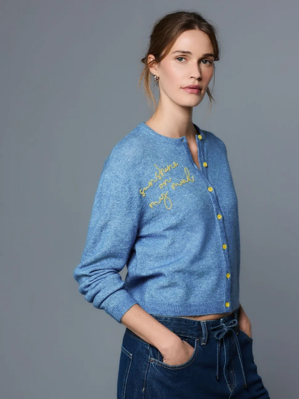 Chambray bleu avec ornements - Cardigan tricoté à Col rond en laine