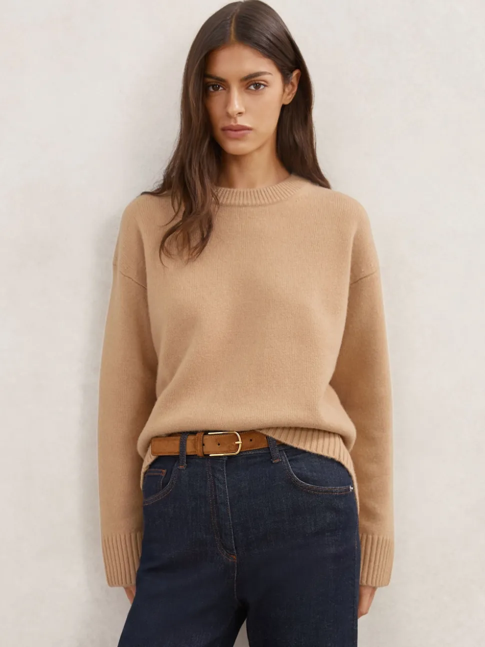chameau - Pull Reiss Ella à col rond en laine et cachemire