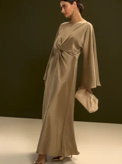 Champagne doré - Robe longue en satin à manches longues torsadée sur le devant
