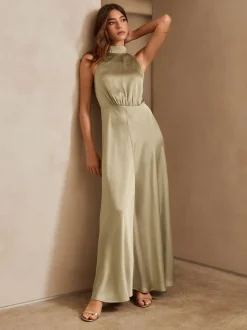 Champagne doré - Texture Satin Licol Sans manches Mi-long Robe