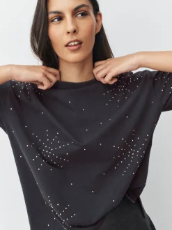 charbon de bois - T-shirt Col rond Avec ornements Clouté