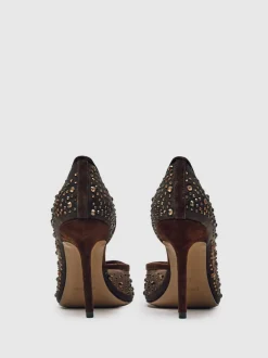 chocolat - Escarpins Reiss Emily en maille avec ornements de cristaux