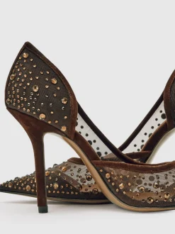 chocolat - Escarpins Reiss Emily en maille avec ornements de cristaux
