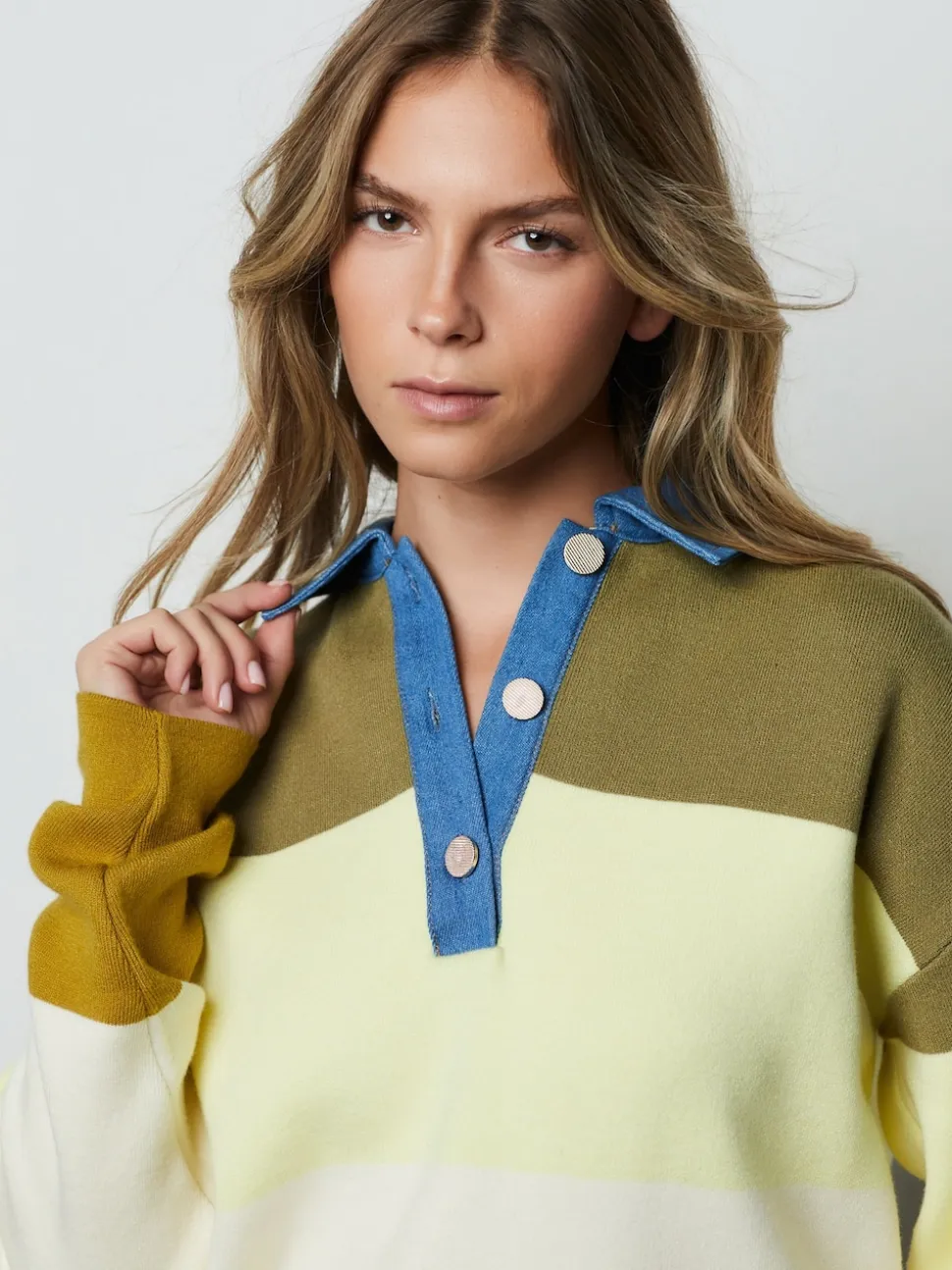 col Vert Rayé Jean - Pull confortable doux au toucher à manches longues avec col polo