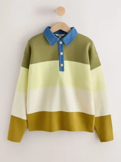 col Vert Rayé Jean - Pull confortable doux au toucher à manches longues avec col polo