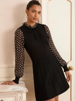 Col volanté Noir à pois Fleuri - Love & Roses Robe courte en maille à manches et col volantés
