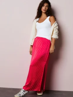 Corail/rose - Jupe en satin jacquard à pois