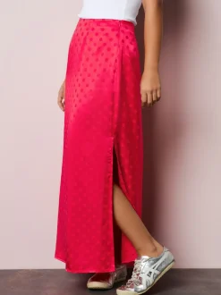 Corail/rose - Jupe en satin jacquard à pois