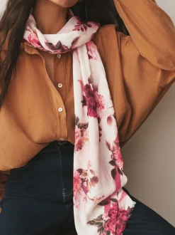 Cream/Rouge à fleurs - Écharpe légère