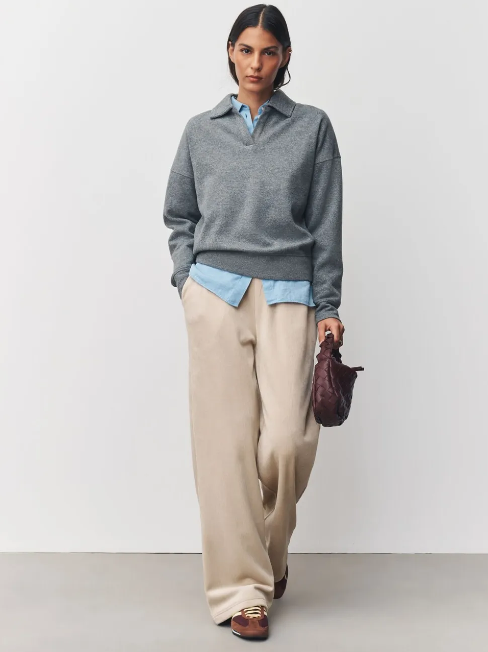 Crème - Pantalons en velours côtelé doux à jambe large