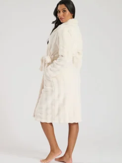 Crème - Robe de chambre mi-longue Loungeable en polaire à col châle