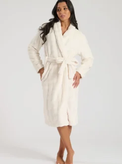 Crème - Robe de chambre mi-longue Loungeable en polaire à col châle