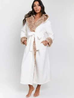 Crème - Robe de chambre mi-longue Loungeable bordée de fausse fourrure imprimé léopard