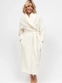 Crème - Robe de chambre rayée en peau de phoque molletonnée Cyberjammies