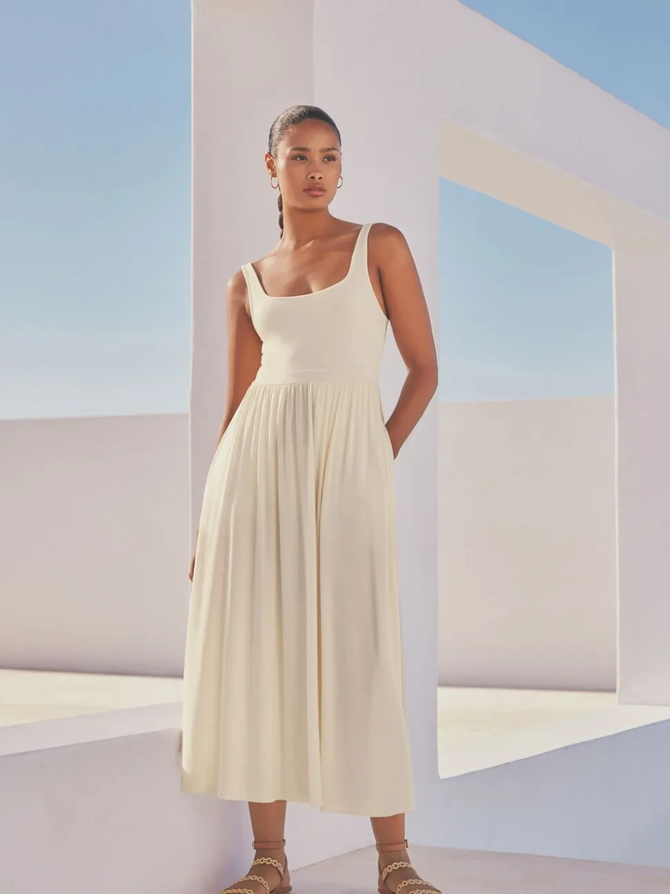 Crème - Robe d’été à taille jersey