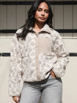 Crème - South Beach Imprimé Veste zippée en borg surdimensionnée avec poche