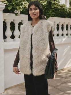 Crème - Veste sans manches en fausse fourrure