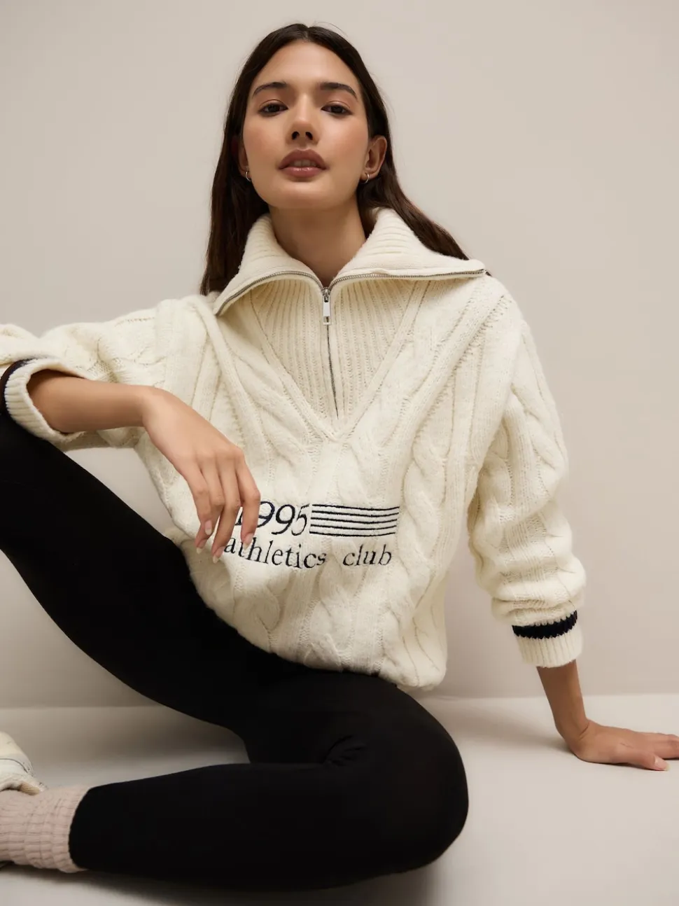 Crème écru - Pull graphique à col zippé en câble 1995