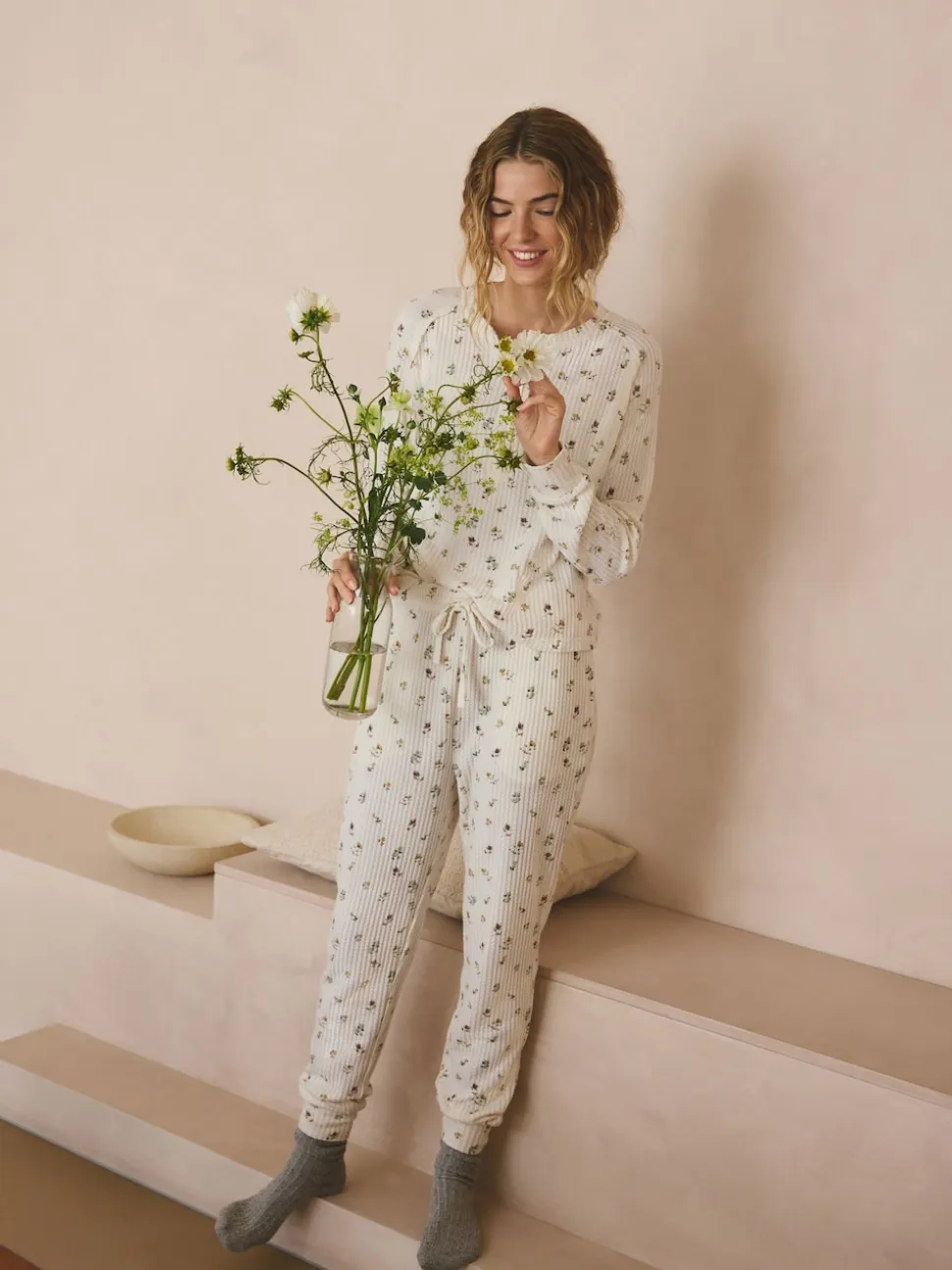 Crème fleuri - Pyjama à manches longues Cosy Waffle