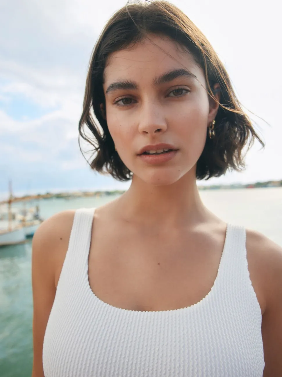 Crème froissée - Maillot de bain Nœud à encolure dégagée avec contrôle du ventre