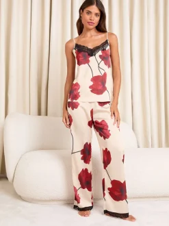 Crème imprimé coquelicot Rouge - Ensemble pyjama Lipsy en satin caraco et Pantalons