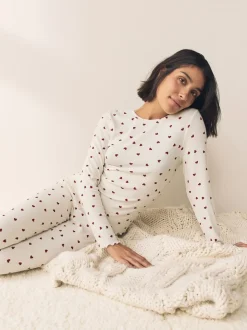 Crème motif cœur - Ensemble haut et legging à manches longues avec couche de base thermique